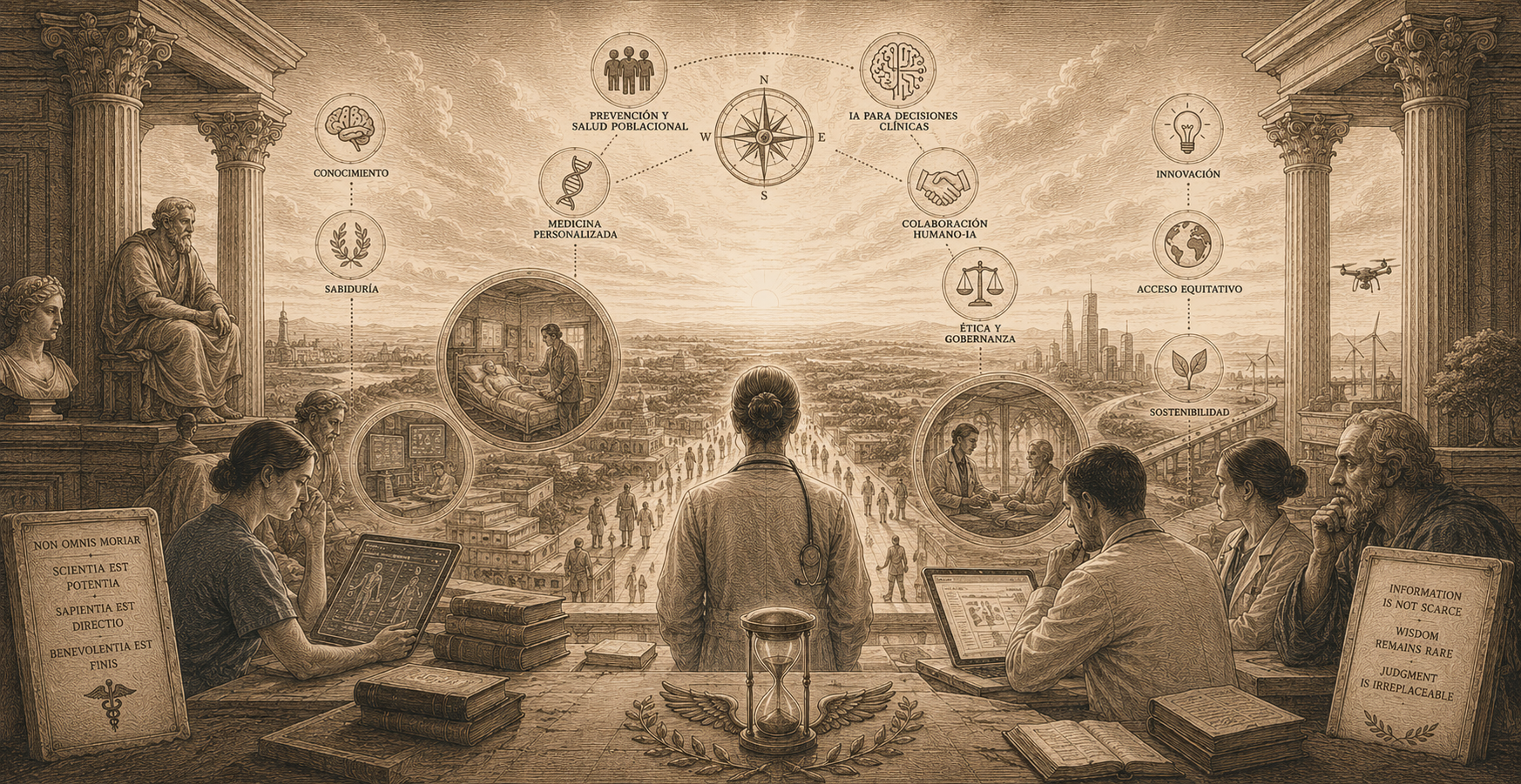 Ilustración editorial sobre el futuro de la medicina, inteligencia artificial y criterio clínico