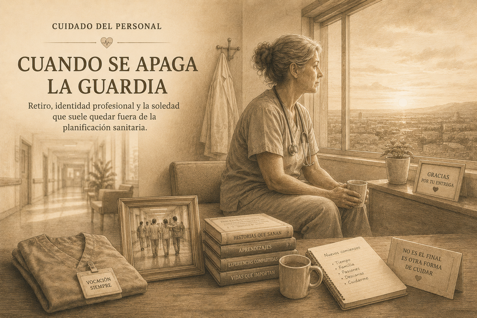 Ilustración editorial sobre retiro del personal de salud, identidad profesional y soledad