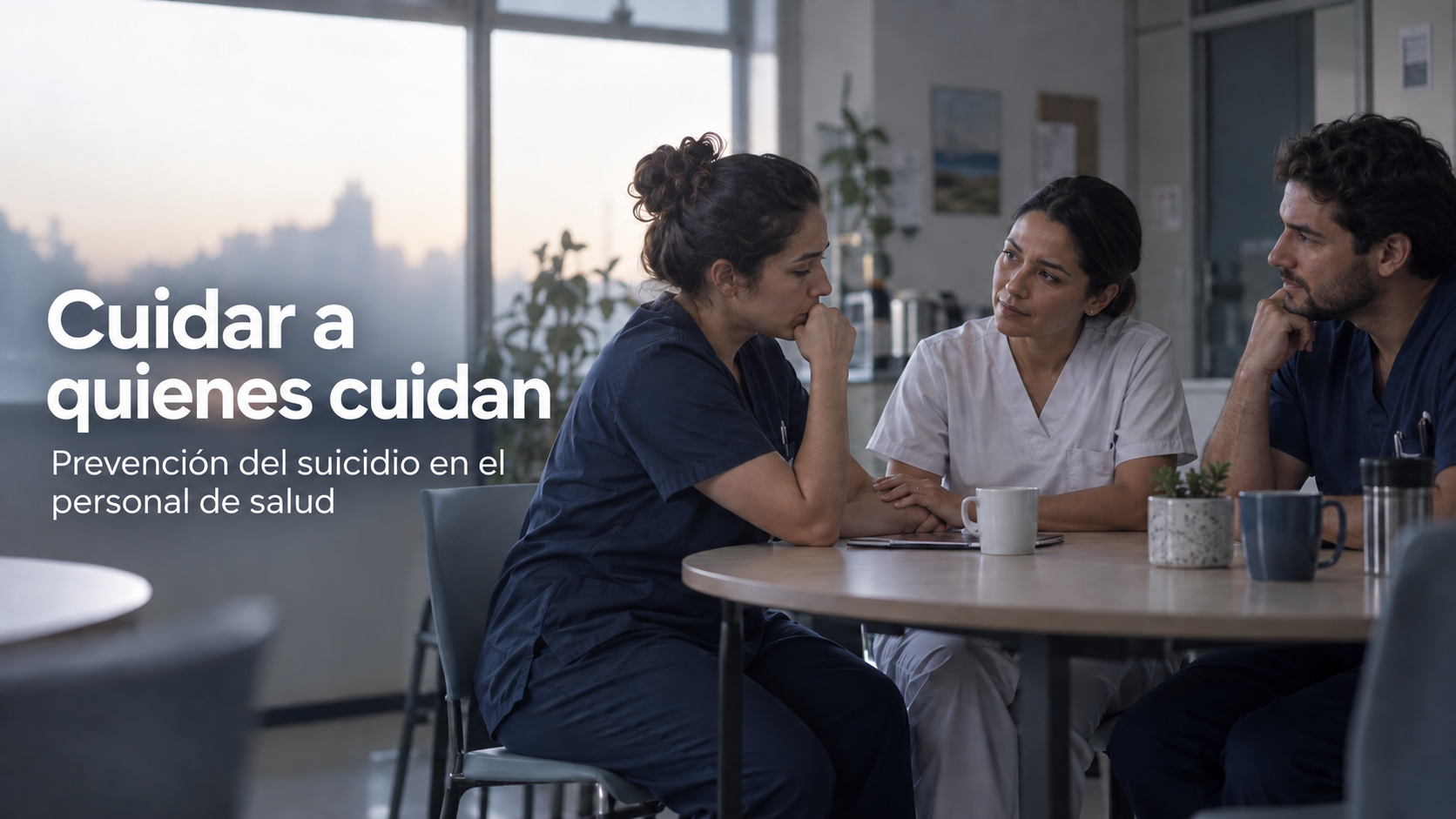 Dos colegas acompañan a una profesional de salud en un momento difícil. Cuidar a quienes cuidan.
