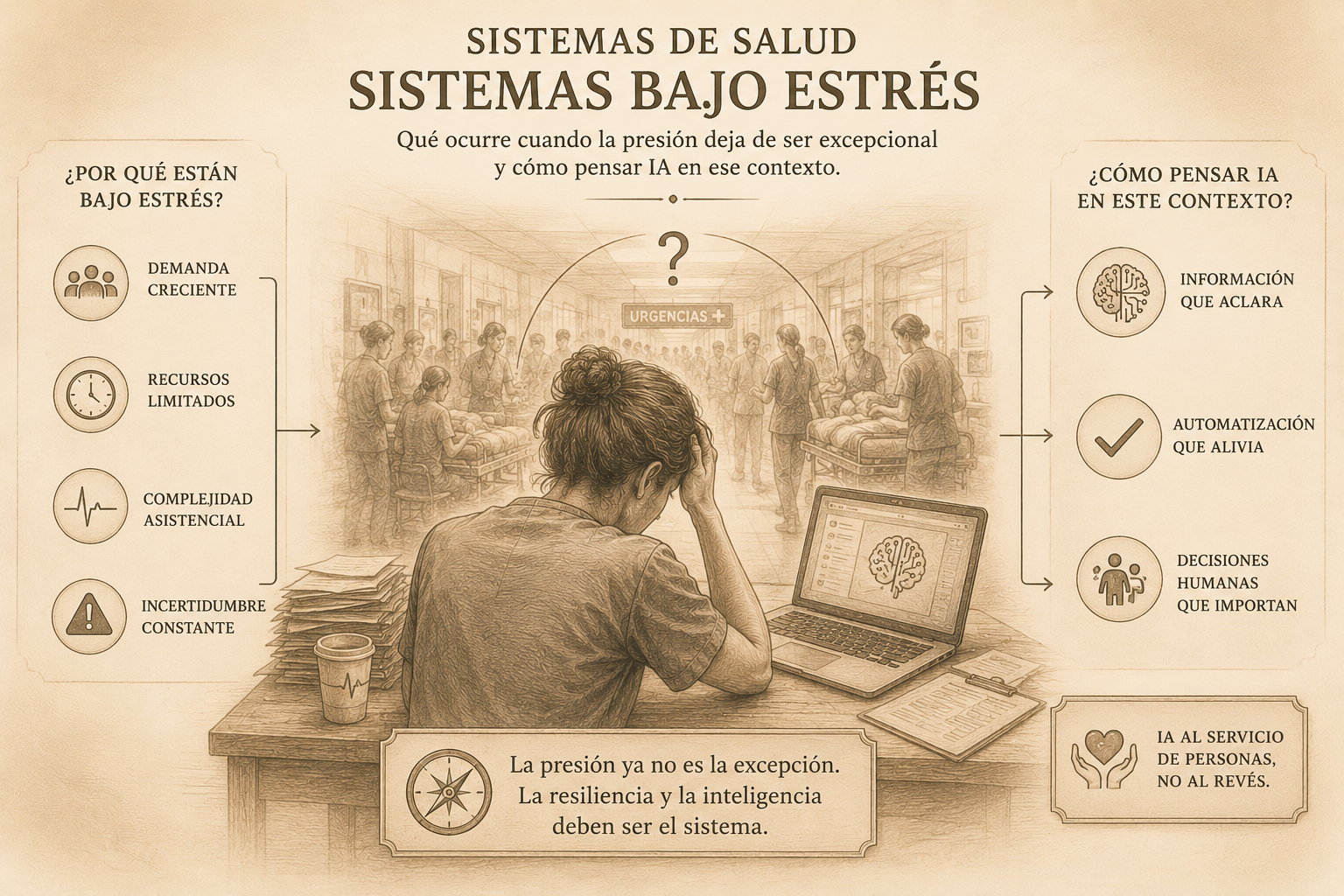 Ilustración editorial sobre sistemas de salud bajo estrés, presión asistencial e inteligencia artificial
