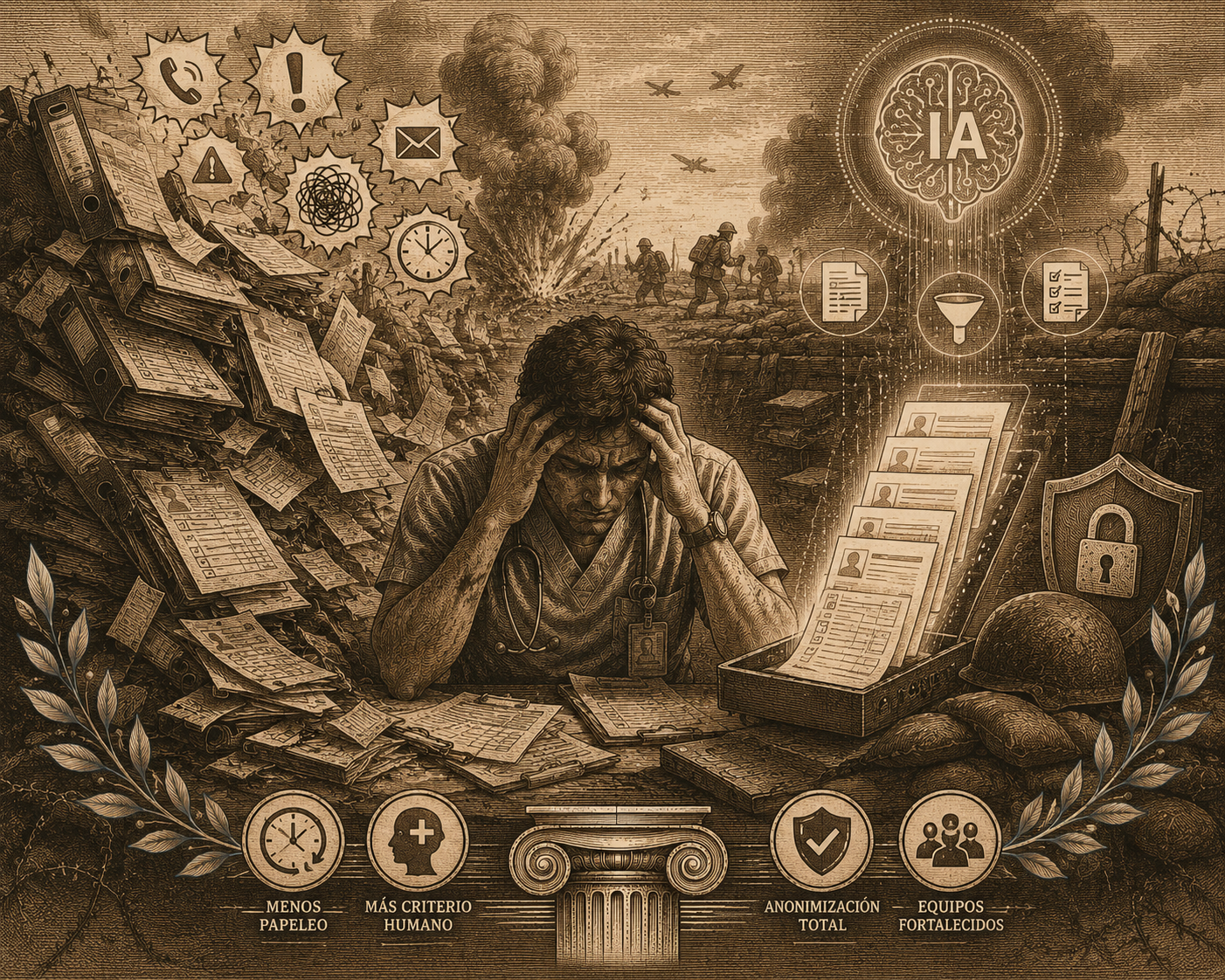 Ilustração editorial sobre inteligência artificial no trabalho sanitário real