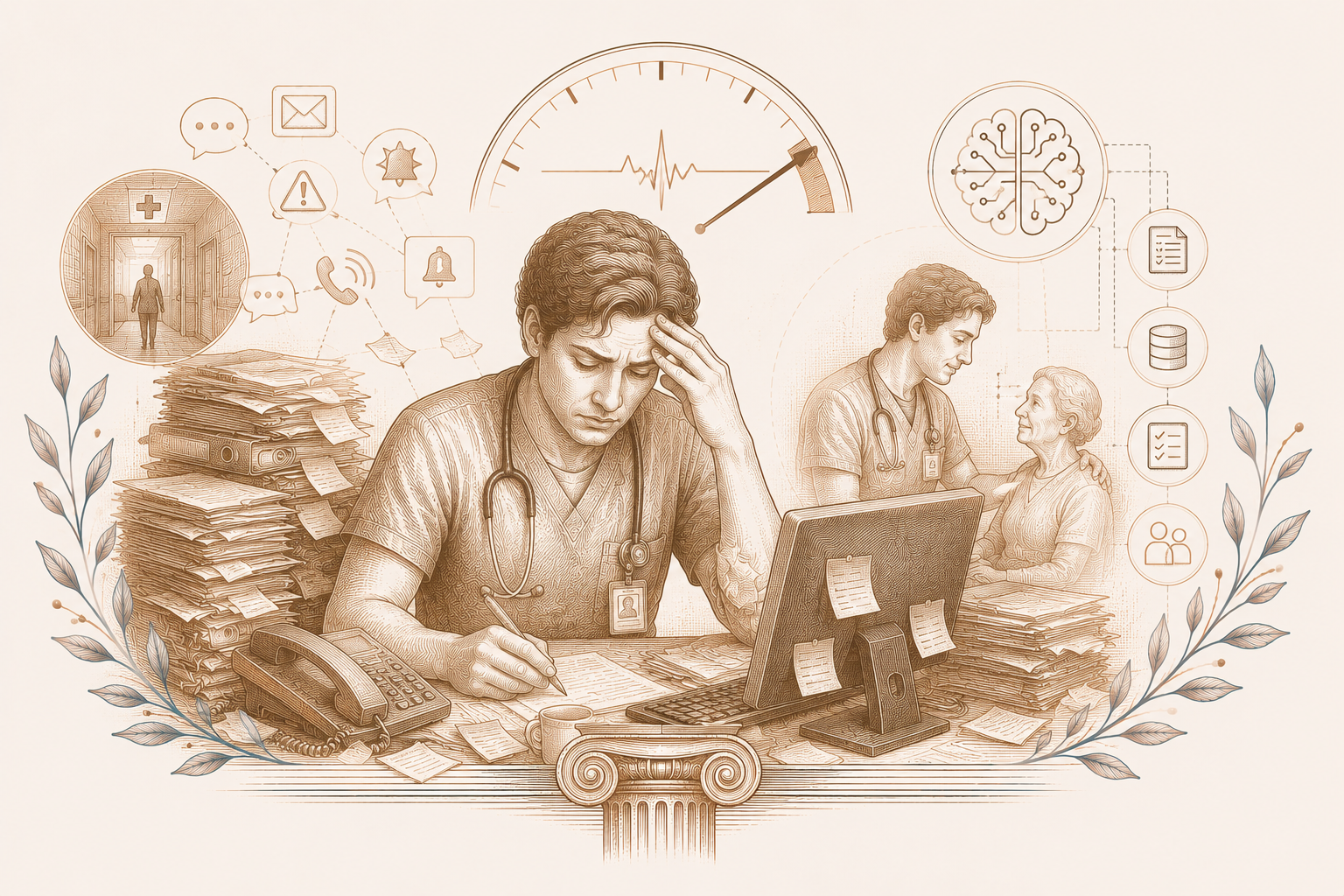 Ilustração editorial sobre sobrecarga burocrática e inteligência artificial em saúde
