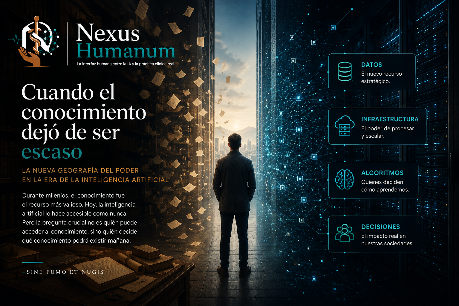 Ilustración editorial sobre inteligencia artificial, conocimiento e infraestructura