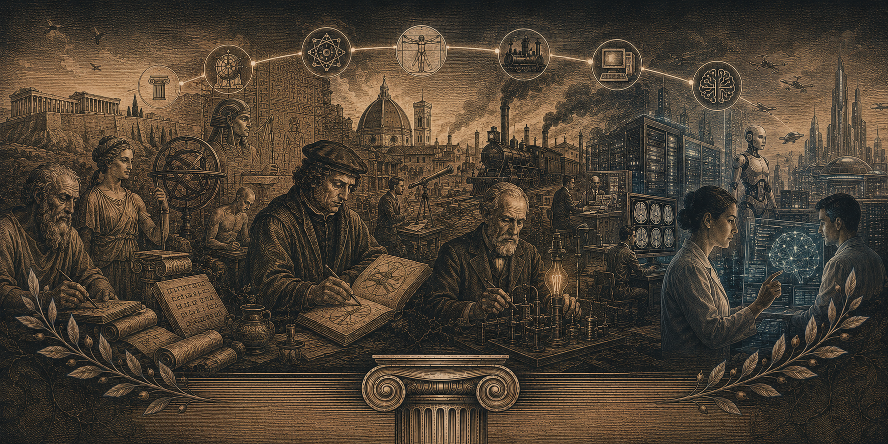 Ilustración editorial sobre historia de la inteligencia artificial, máquinas y pensamiento