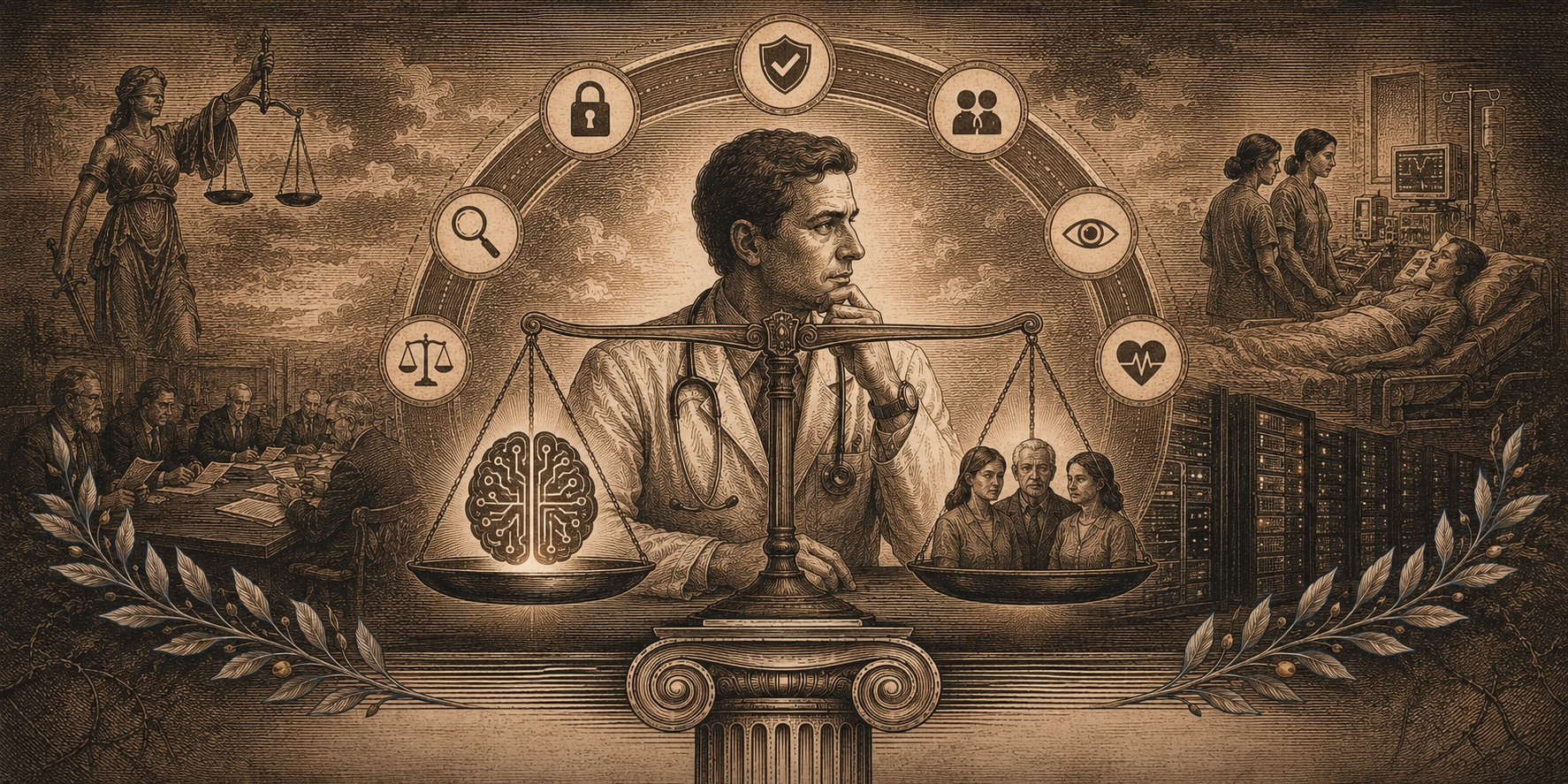 Ilustración editorial sobre ética, inteligencia artificial y responsabilidad clínica