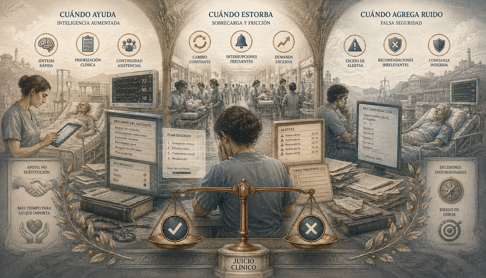 Ilustración editorial sobre inteligencia artificial en la guardia, triaje y decisión clínica