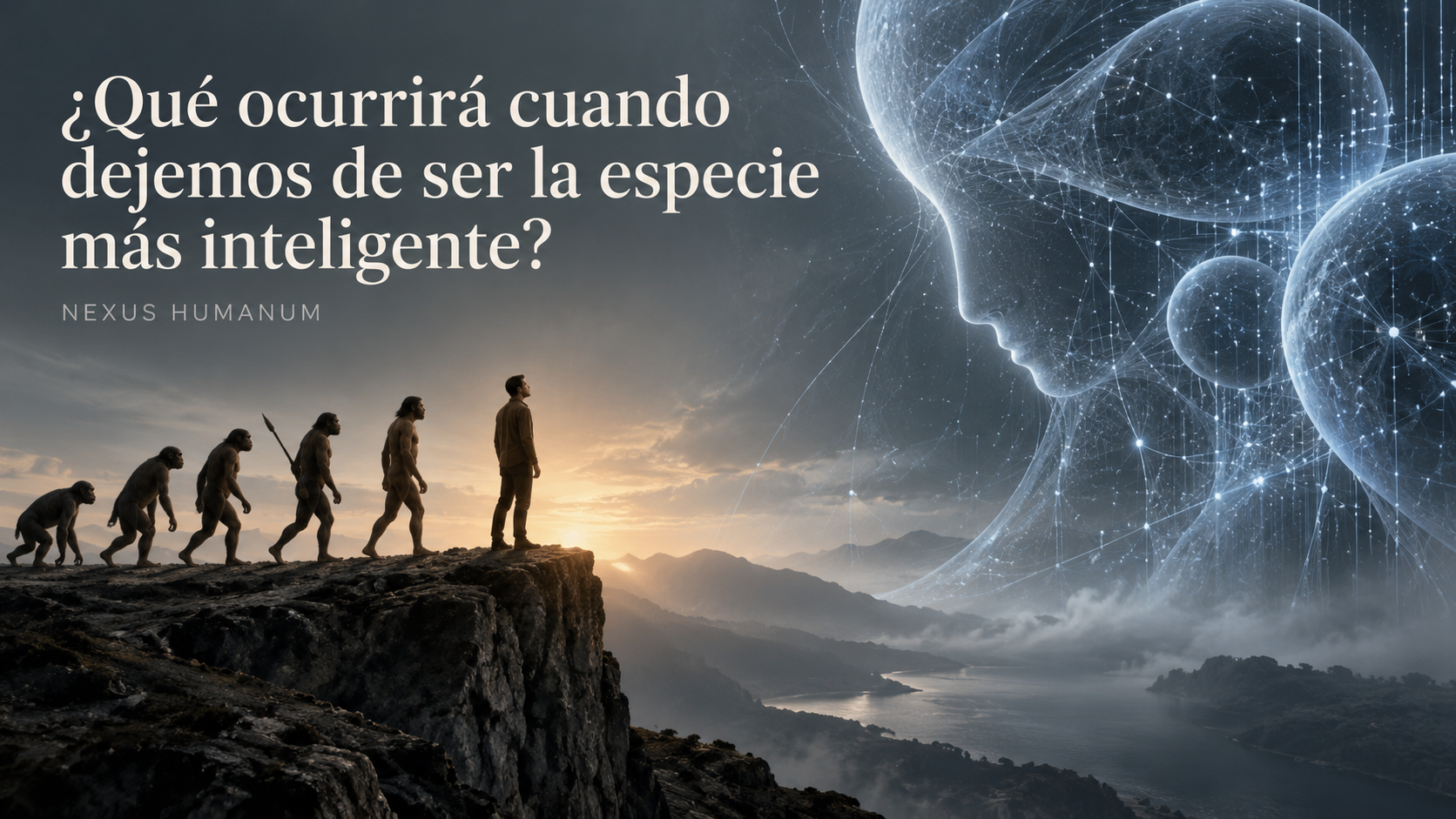 Evolución humana frente a figuras digitales que representan la inteligencia artificial