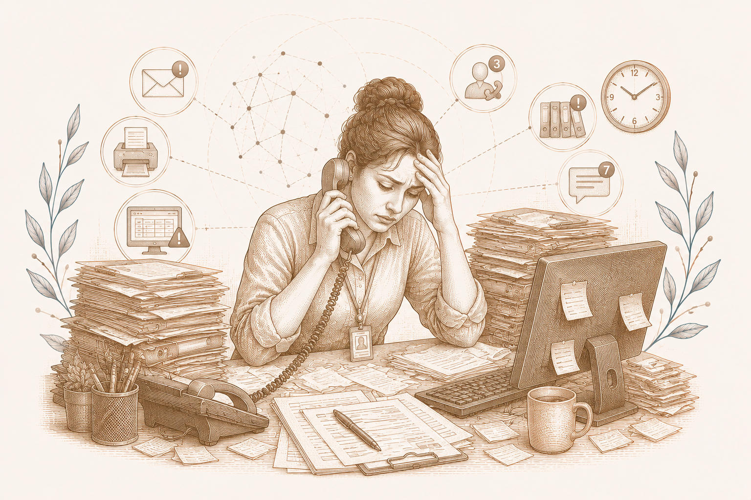 Ilustración editorial sobre administración sanitaria e inteligencia artificial