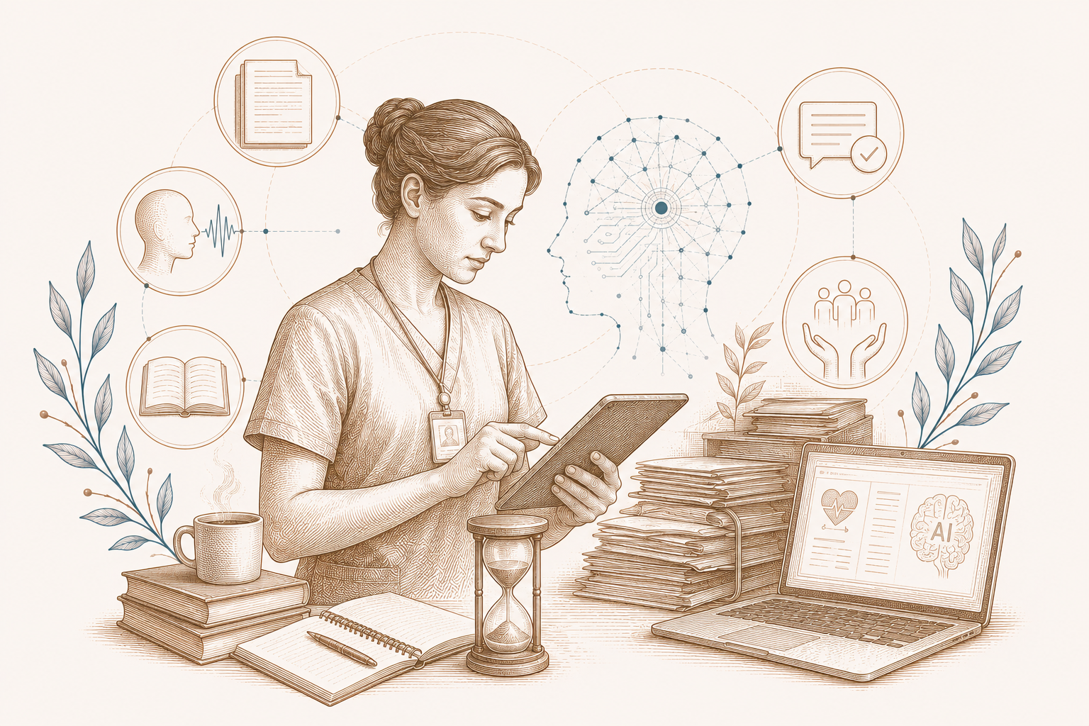 Ilustración editorial sobre enfermería, asistencia e inteligencia artificial